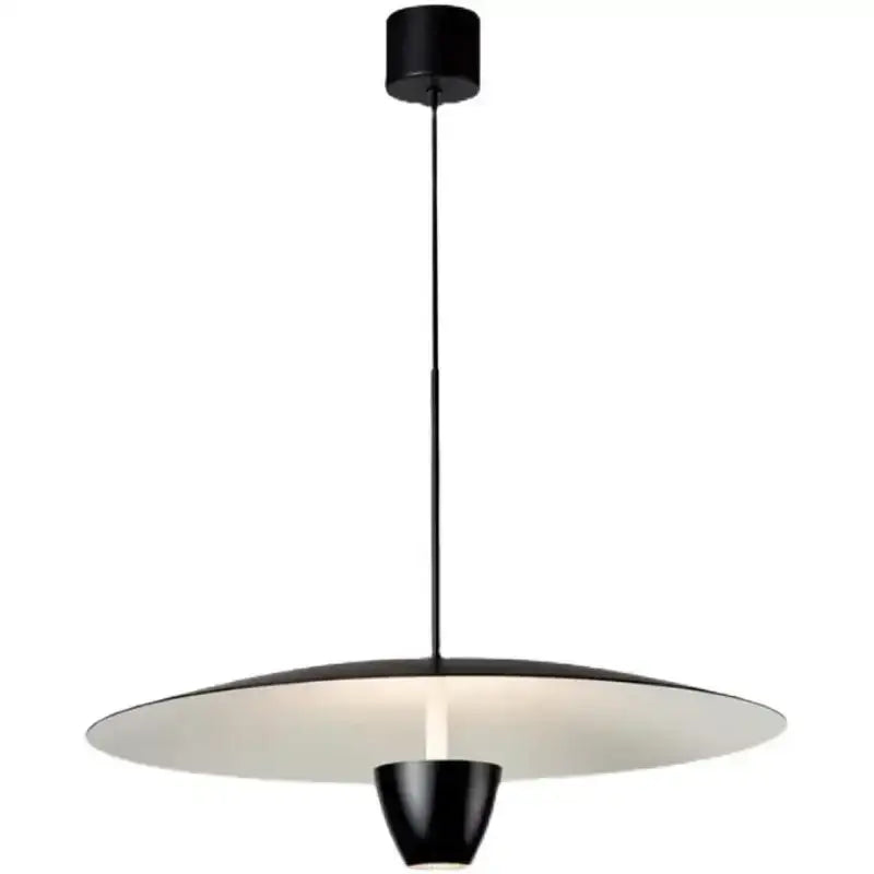 Modern minimalist black led pendant light with a sleek disc-shaped shade and conical base for dining room decorbites black led hanging