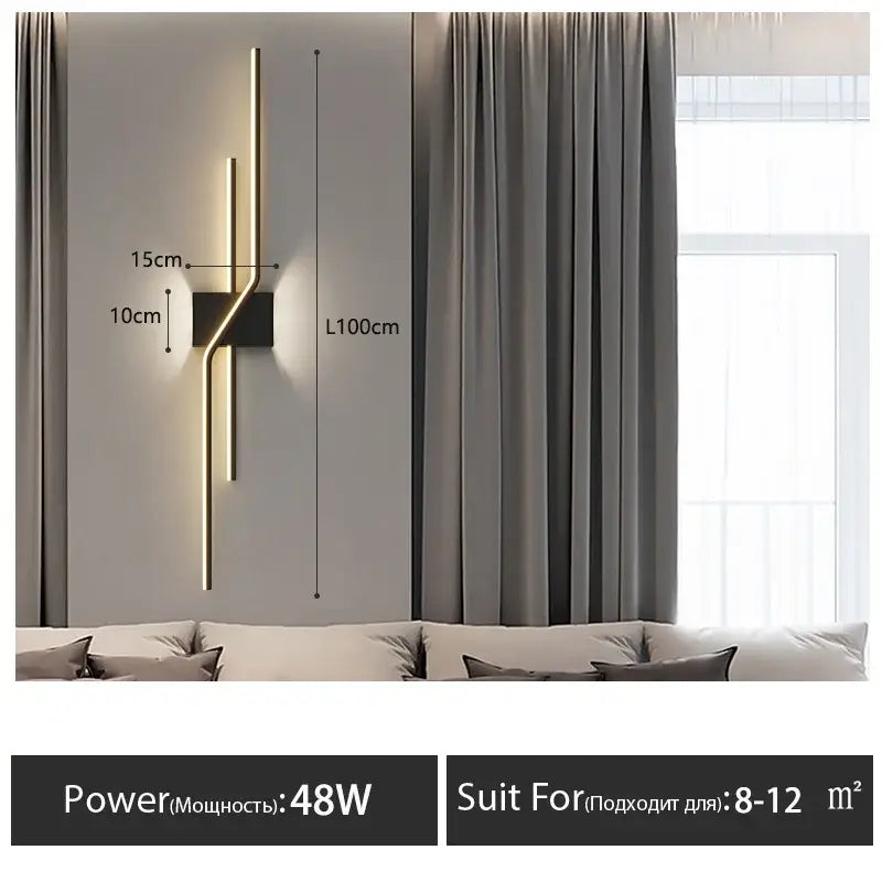 Modern minimalist gold-toned led wall lamp strip with sleek angular design and black rectangular base for living room