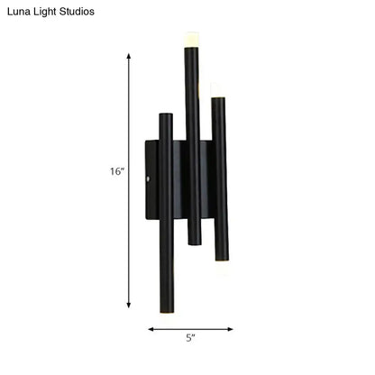 Modern minimalist black led wall lamp with three vertical cylindrical frosted glass shades and hallway light options