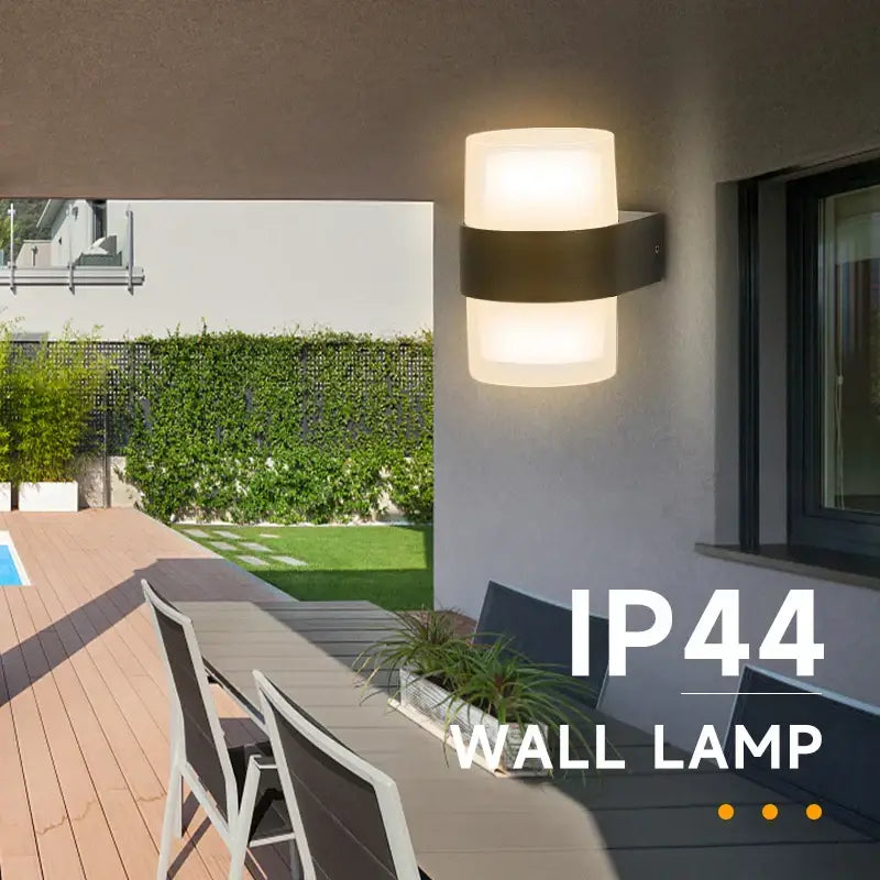 Modern minimalist black led wall light with frosted glass cylinders and metal band for outdoor garden use