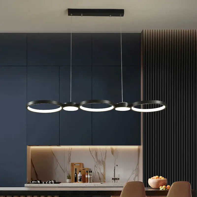 Modern minimalist black ring led chandelier with four illuminated rings suspended by cords for living room decorbites black ring