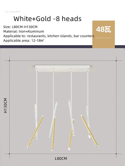 Modern minimalist black round tube led chandelier with white and gold pendant light and eight angled arms