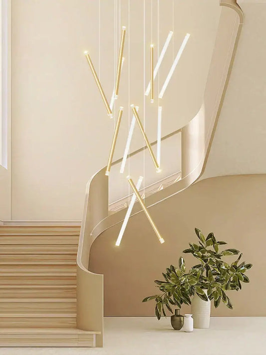 Modern minimalist black round tube led chandelier with slender gold and white rods in asymmetrical decorbites black round design