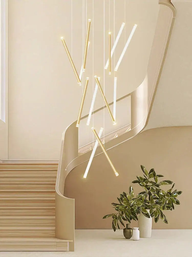 Modern minimalist black round tube led chandelier with slender gold and white rods in asymmetrical decorbites black round design