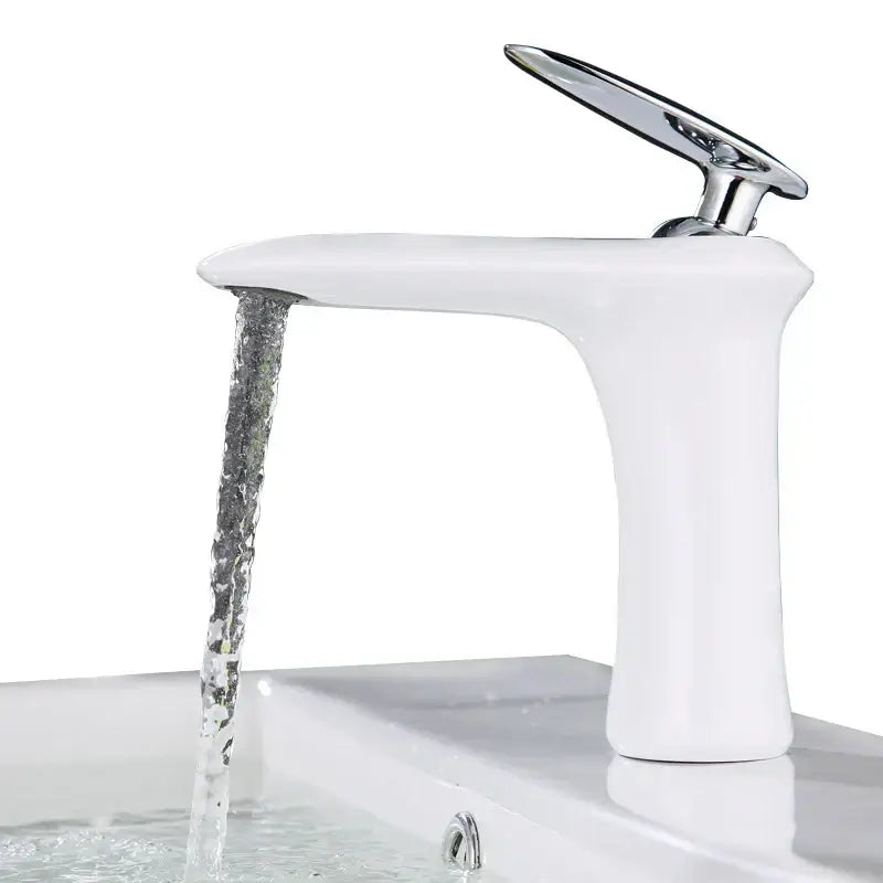 Modern minimalist black and white brass bathroom faucet featuring a white brass bathroom design with sleek chrome spout and handle