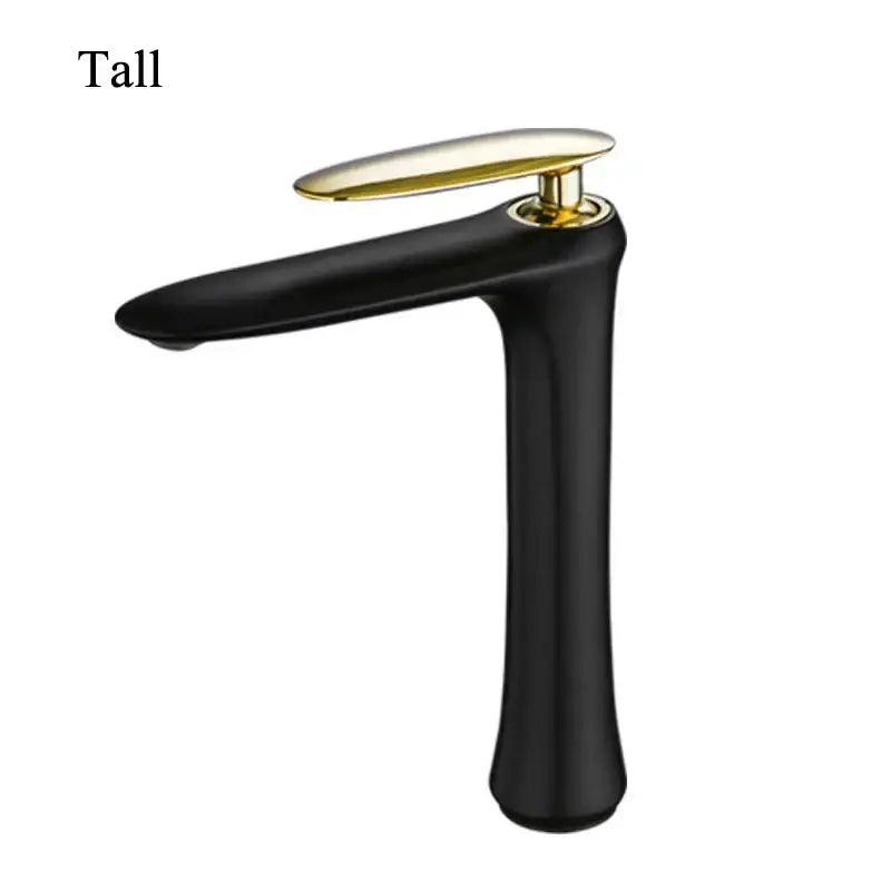 Modern minimalist black and white brass bathroom faucet with sleek tall black and gold design by decorbites black