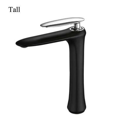 Modern minimalist black and white brass bathroom faucet with black matte finish and polished chrome handle by decorbites black