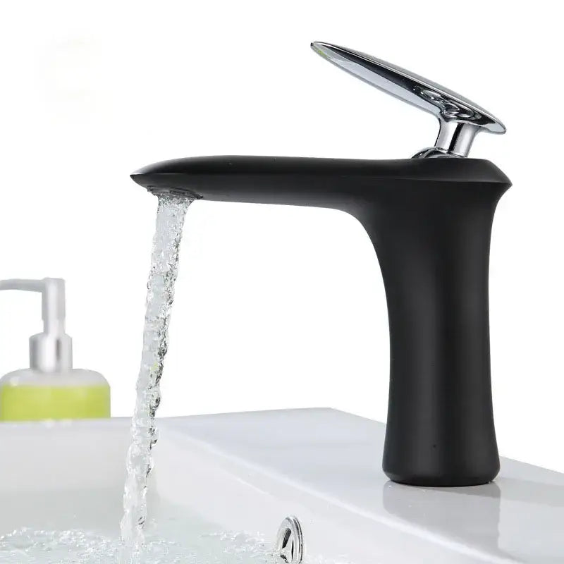 Modern minimalist decorbites black brass bathroom faucet with black matte finish and polished chrome spout for white brass bathroom decor