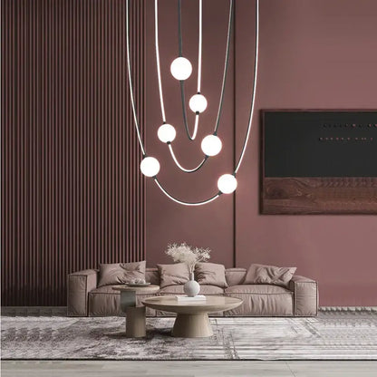 Modern minimalist black and white colorized led dimmable ceiling chandelier with spherical bulbs and curved metallic wires