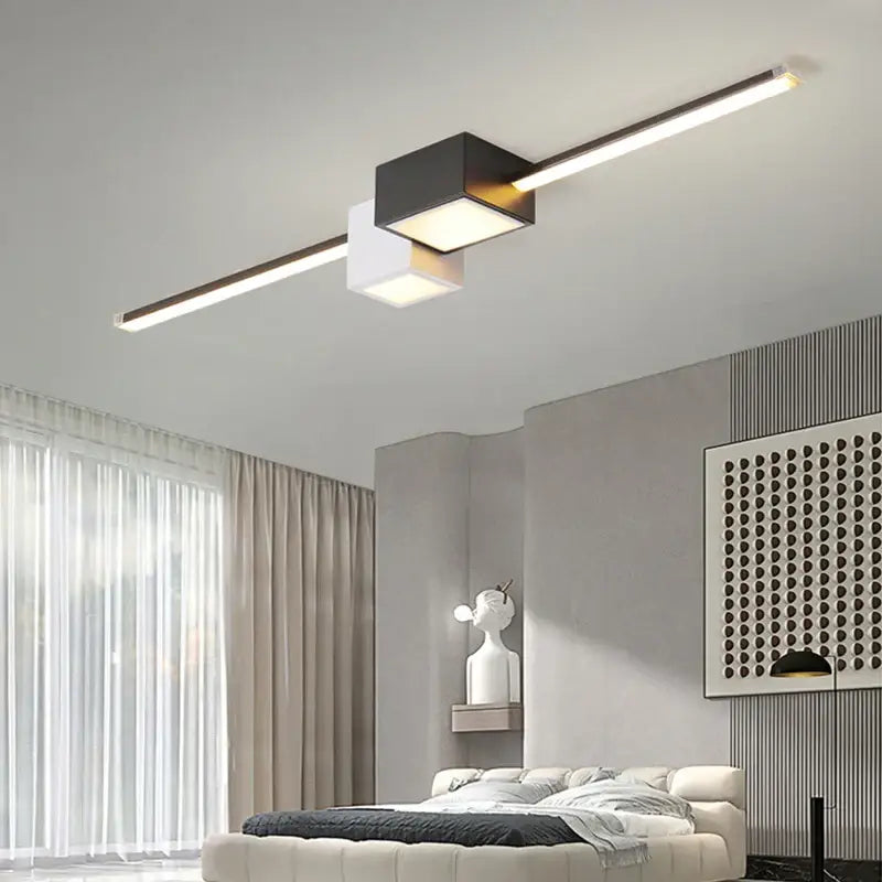 Modern minimalist black and white decorbites led ceiling light with two illuminated rectangular panels on linear bar