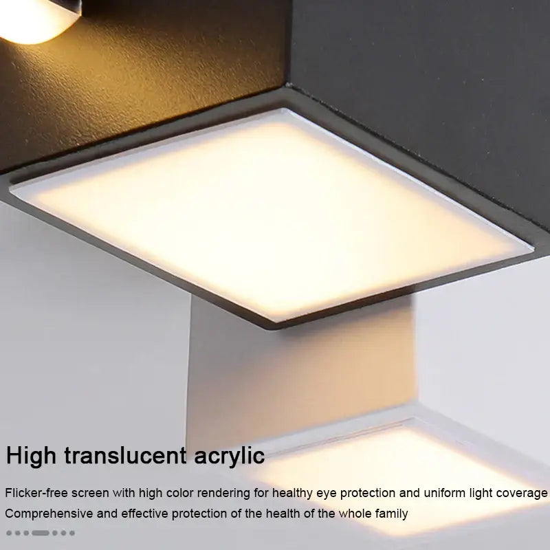 Modern black-framed outdoor wall light with translucent acrylic panel emitting warm light for decorbites led ceiling use