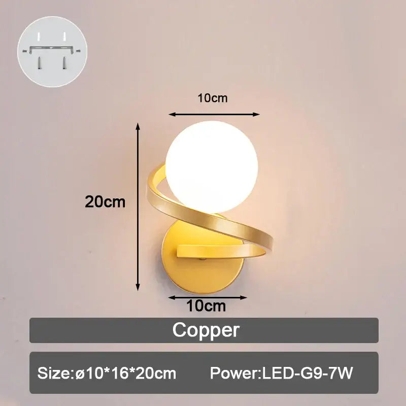 Gold copper wall lamp with spiral arm design and spherical white led frosted glass ball for modern bedroom use