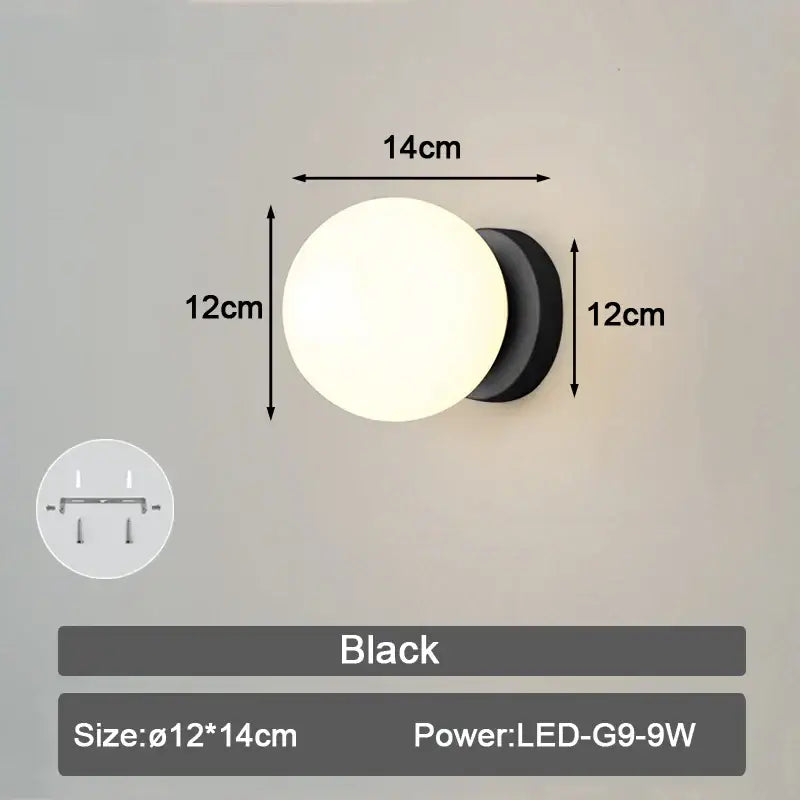 Modern minimalist black led wall lamp with frosted glass ball design and 9w power for bedroom lighting