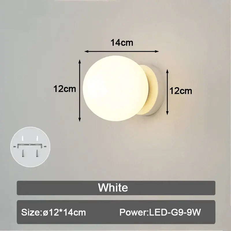 Modern minimalist black and white frosted glass ball led wall lamp with a white spherical diffuser, 12cm diameter wall lamp