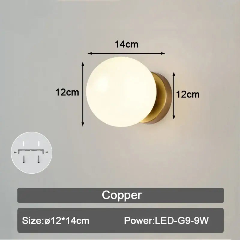 Modern minimalist copper-finished wall lamp with frosted glass ball led wall lamp for bedroom lighting