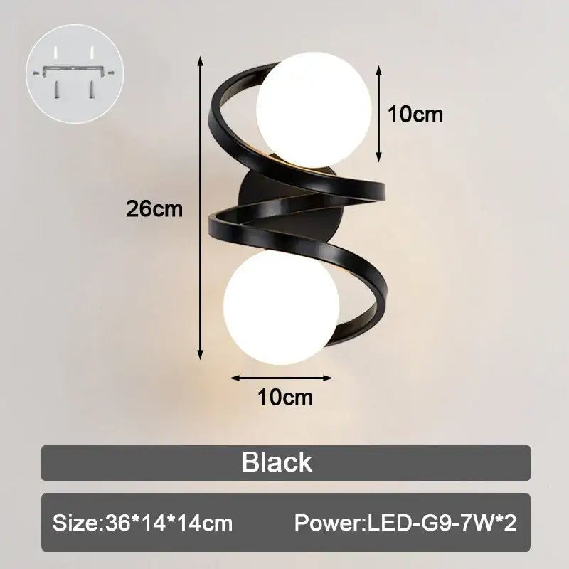 Modern minimalist black spiral wall lamp with two frosted glass ball led lights for bedroom lighting