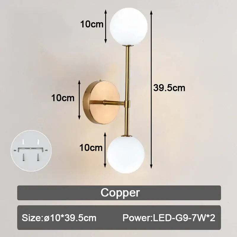 Copper-finished wall lamp with two frosted glass ball shades modern minimalist led wall lamp for bedroom use