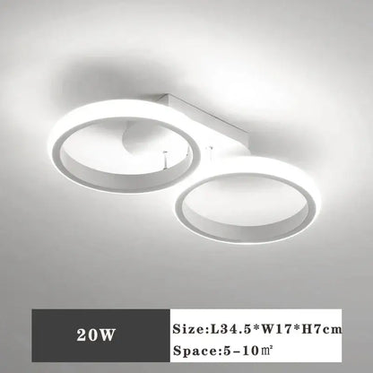Modern minimalist black and white led ceiling lamp with two circular rings and rectangular mounting plate for bedroom lighting