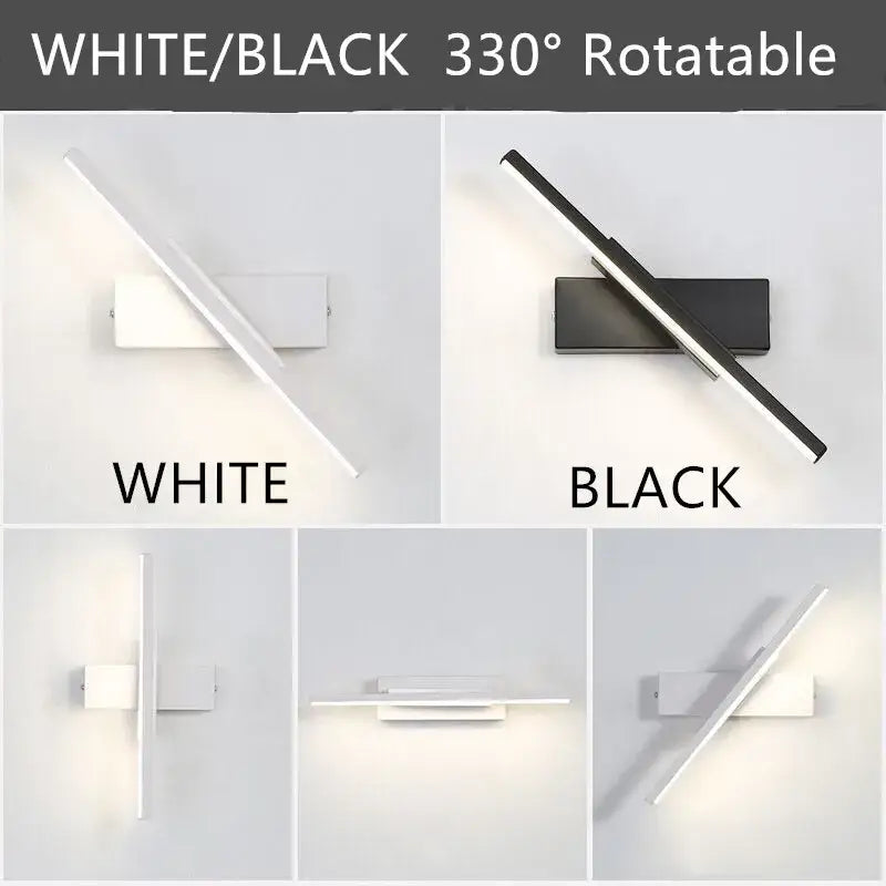 Modern minimalist black and white led wall lamp with sleek linear design and 330 degree rotatable arm for bedroom use