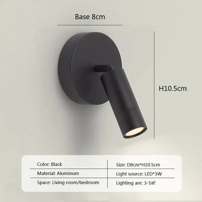 Modern minimalist black aluminum led wall lamp with adjustable spotlight head for bedroom lighting