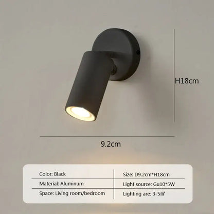 Modern minimalist black aluminum led wall lamp with adjustable spotlight and warm white led light for bedroom use