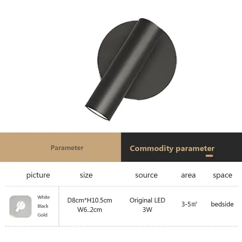 Modern minimalist black matte finished led wall lamp with sleek cylindrical design for bedroom spotlight use