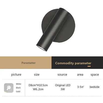 Modern minimalist black matte finished led wall lamp with sleek cylindrical design for bedroom spotlight use