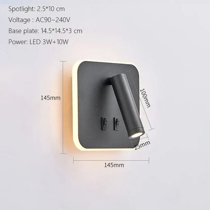 Black matte-finished modern minimalist led wall lamp usb with cylindrical spotlight and illuminated base plate for bedroom
