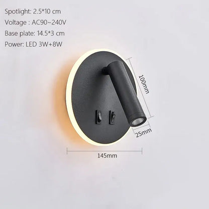 Black oval led wall lamp with cylindrical adjustable head and glowing circular base for modern bedroom usb sconce