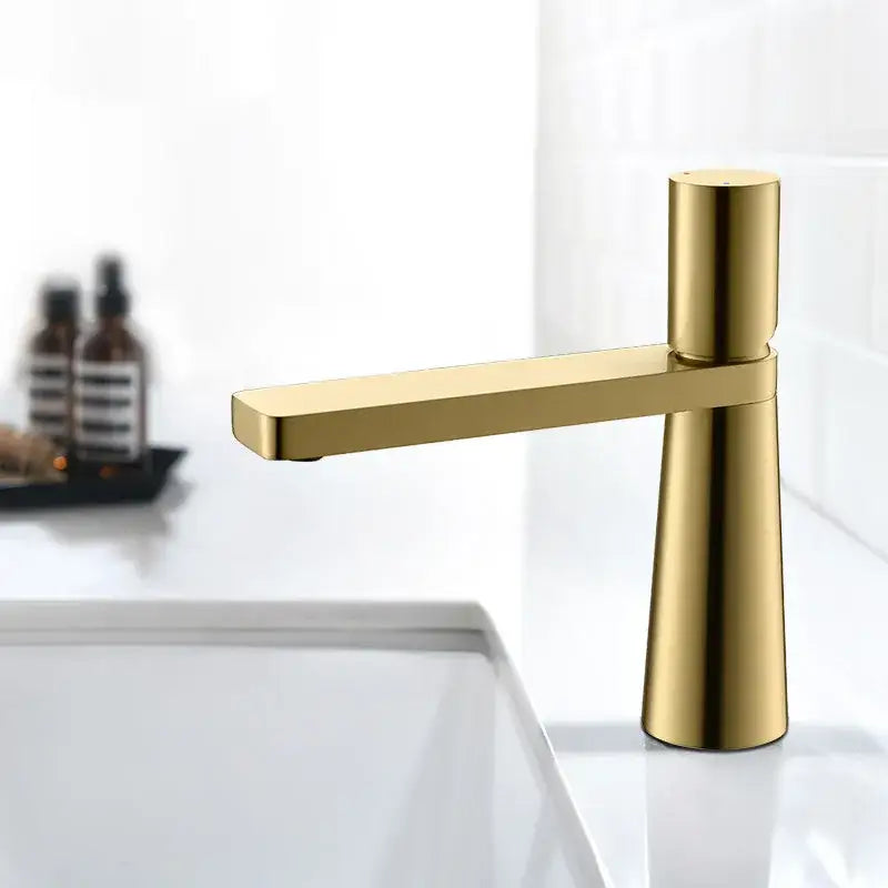 Modern minimalist brushed gold basin faucet with sleek design and brushed metal finish by decorbites brushed gold