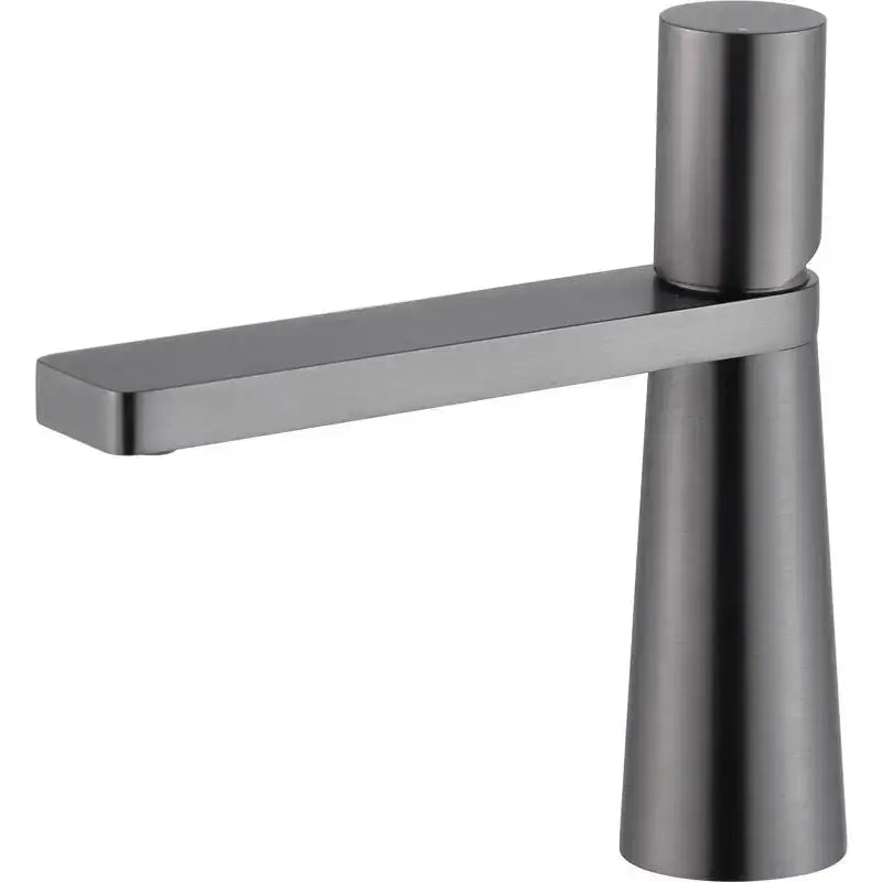 Modern minimalist brushed gold basin faucet with sleek matte black cylindrical handle by decorbites brushed gold