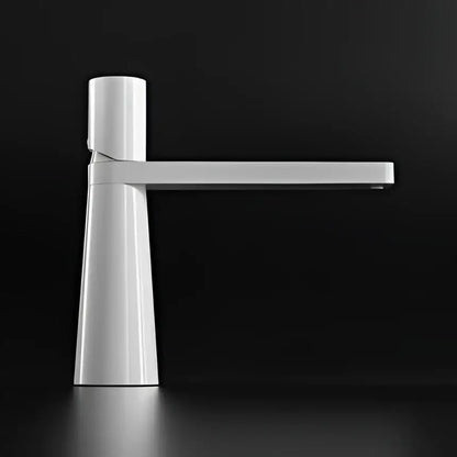 Modern minimalist brushed gold basin faucet with white ceramic body and sleek long horizontal spout decorbites brushed gold