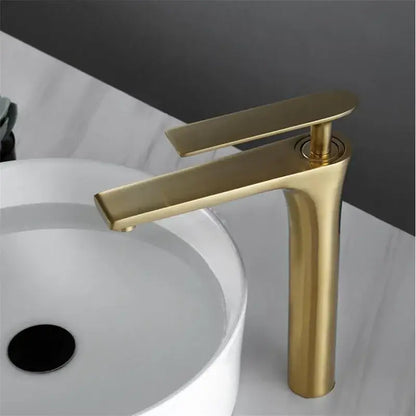 Modern minimalist brushed gold basin faucet with sleek tall cylindrical spout decorbites brushed gold finish