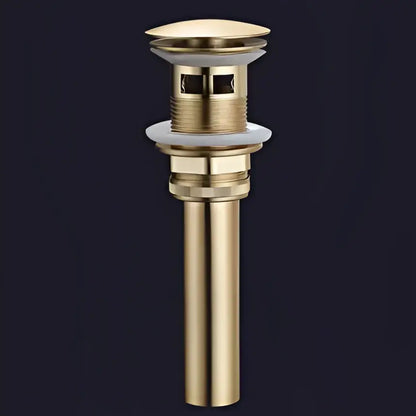 Gold-colored metal drain stopper with textured ridges for decorbites brushed gold brass widespread bathroom faucet
