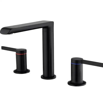 Modern black matte finish faucet with sleek rectangular spout and red blue handles for decorbites brushed gold brass widespread use