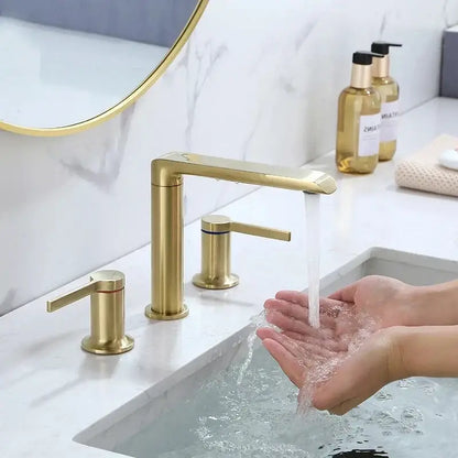 Modern minimalist brushed gold brass widespread bathroom faucet with sleek decorbites brushed gold three-handle design