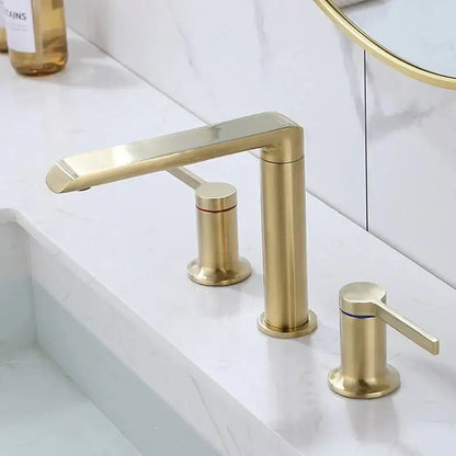Modern minimalist brushed gold brass widespread bathroom faucet set with decorbites brushed gold sleek metal finish
