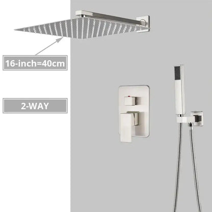 Modern minimalist brushed nickel shower system with 16-inch rain shower head and handheld control valve by decorbites brushed nickel shower