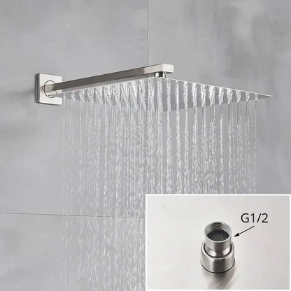 Modern minimalist brushed nickel shower system featuring a stainless steel square rain shower head with multiple streams