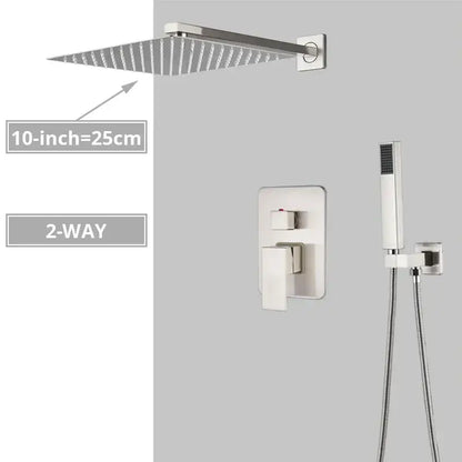 Modern minimalist brushed nickel shower system with rain shower head and integrated handheld spray nozzle by decorbites brushed nickel