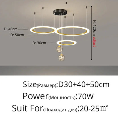 Modern minimalist circle ring pendant chandelier with gold and white tiered rings and crystal globe pendants for living room decorbites circle ring