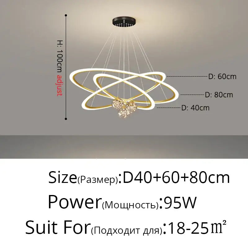 Modern gold-toned led decorbites circle ring pendant chandelier with three interlocking rings and crystal heart for living room