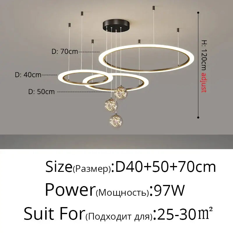 Modern minimalist circle ring pendant chandelier with three illuminated concentric rings and crystal spheres for living room decorbites circle ring