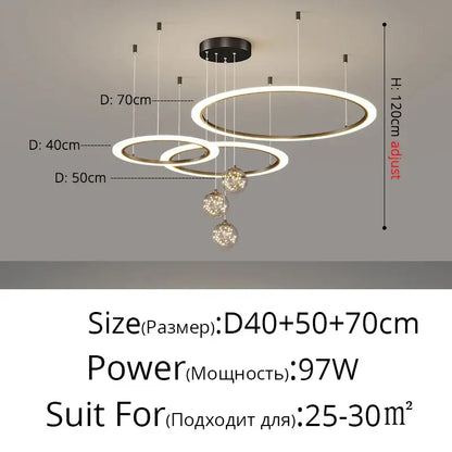 Modern minimalist circle ring pendant chandelier with three illuminated concentric rings and crystal spheres for living room decorbites circle ring