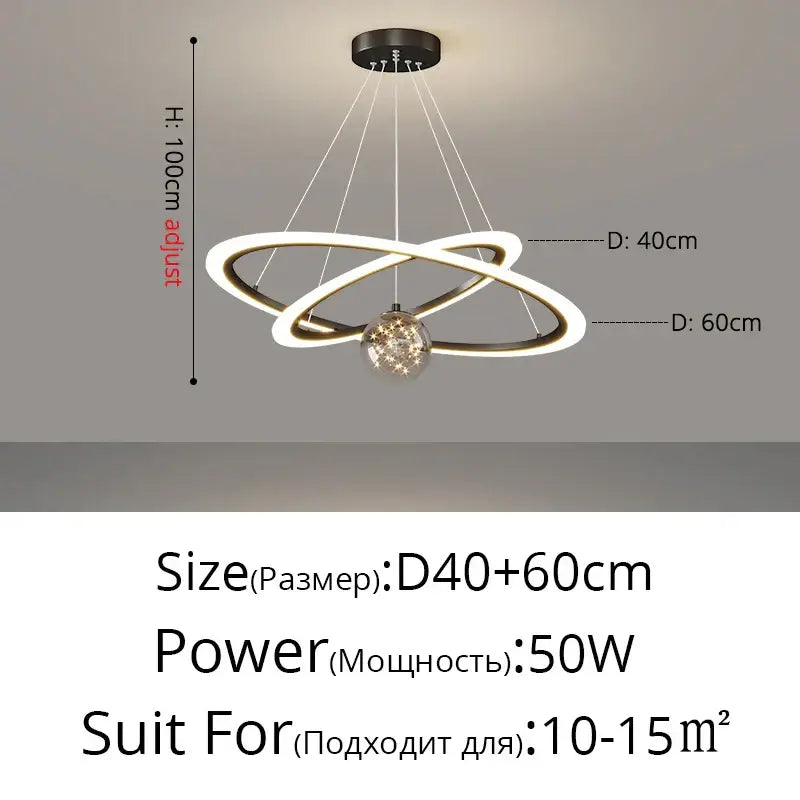 Modern black and white led decorbites circle ring pendant chandelier with two interlocking rings and central crystal globe