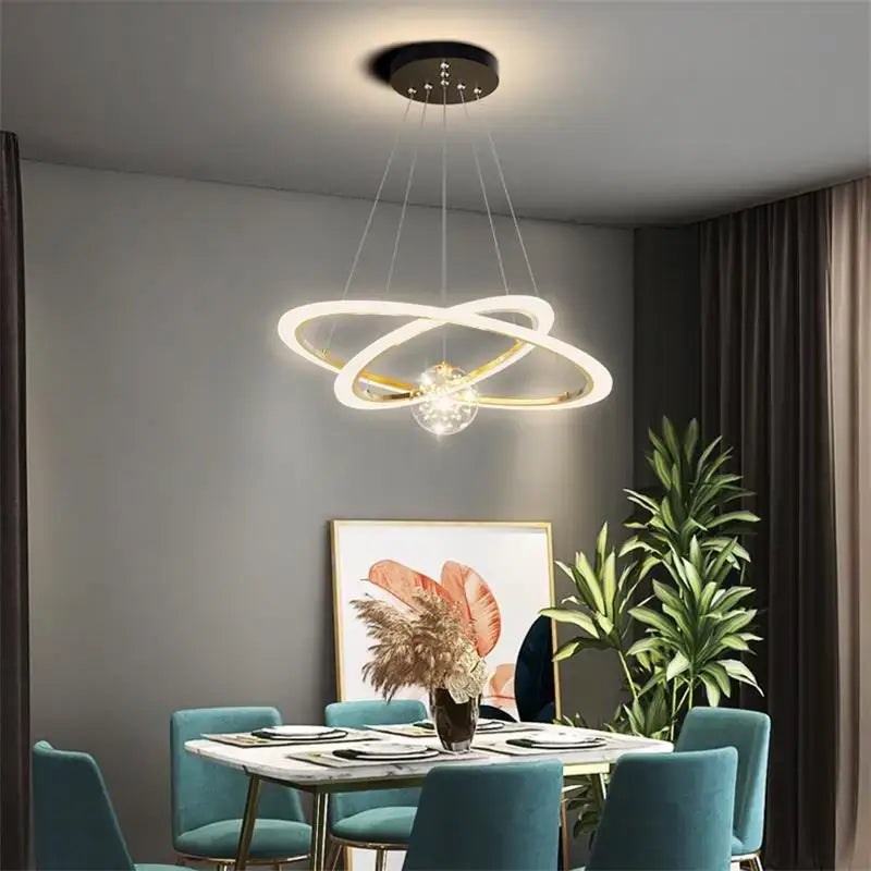Modern minimalist decorbites circle ring pendant chandelier with two white LED rings and a central crystal pendant for living room