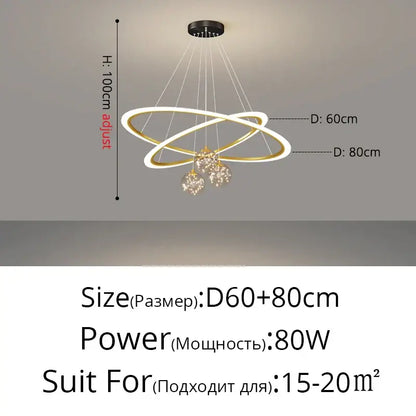 Modern minimalist decorbites circle ring pendant chandelier with gold and white metallic rings and crystal for living room lighting