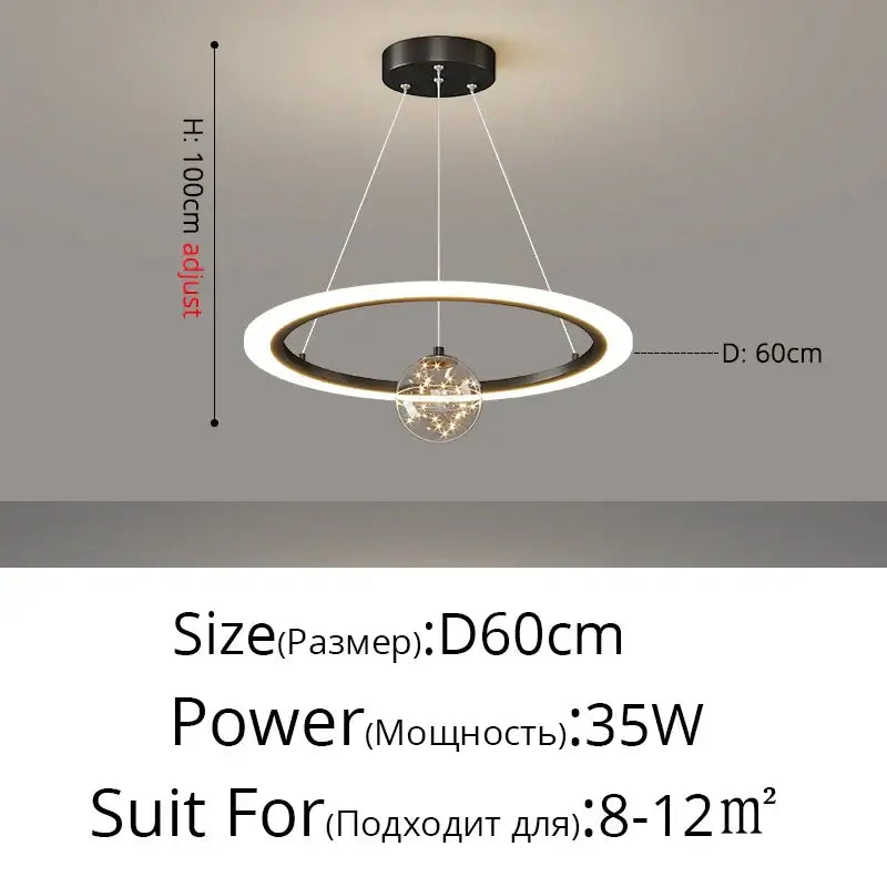 Modern minimalist black and white circle ring pendant chandelier with central glass globe for living room decorbites circle ring