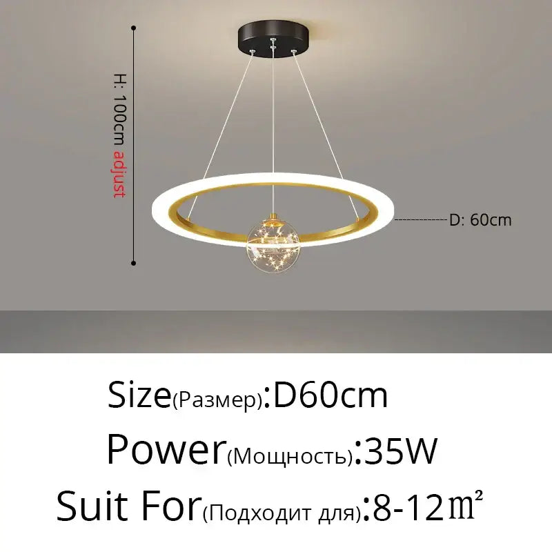 Modern minimalist circle ring pendant chandelier with gold and white ring and illuminated glass globe for living room decorbites circle ring