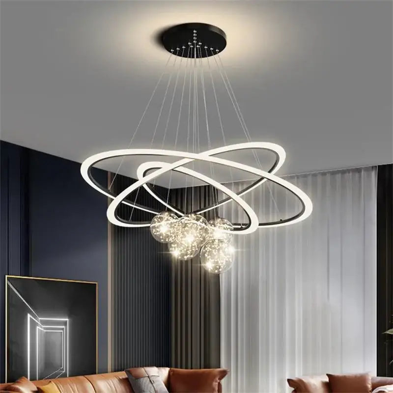 Modern minimalist circle ring pendant chandelier with sleek white led rings and crystal spheres for living room decorbites circle ring